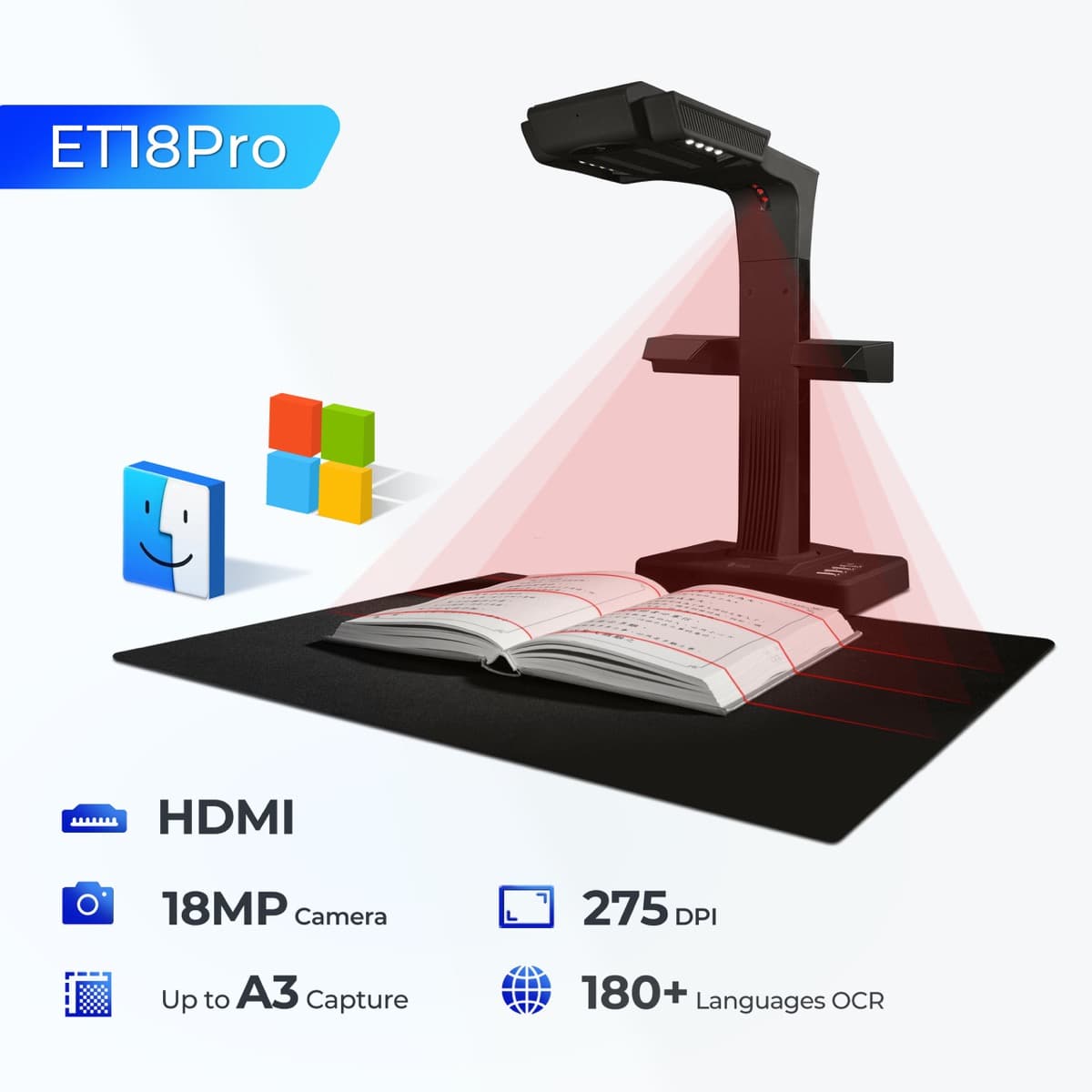 Ảnh CZUR ET18 Pro từ trang sản phẩm chính hãng, có tay đèn phụ và sách đặt bên dưới